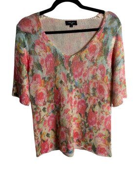 Colour Works Women's Size Xl Short Sleeve Watercolor Floral Knit Sweater V Neck